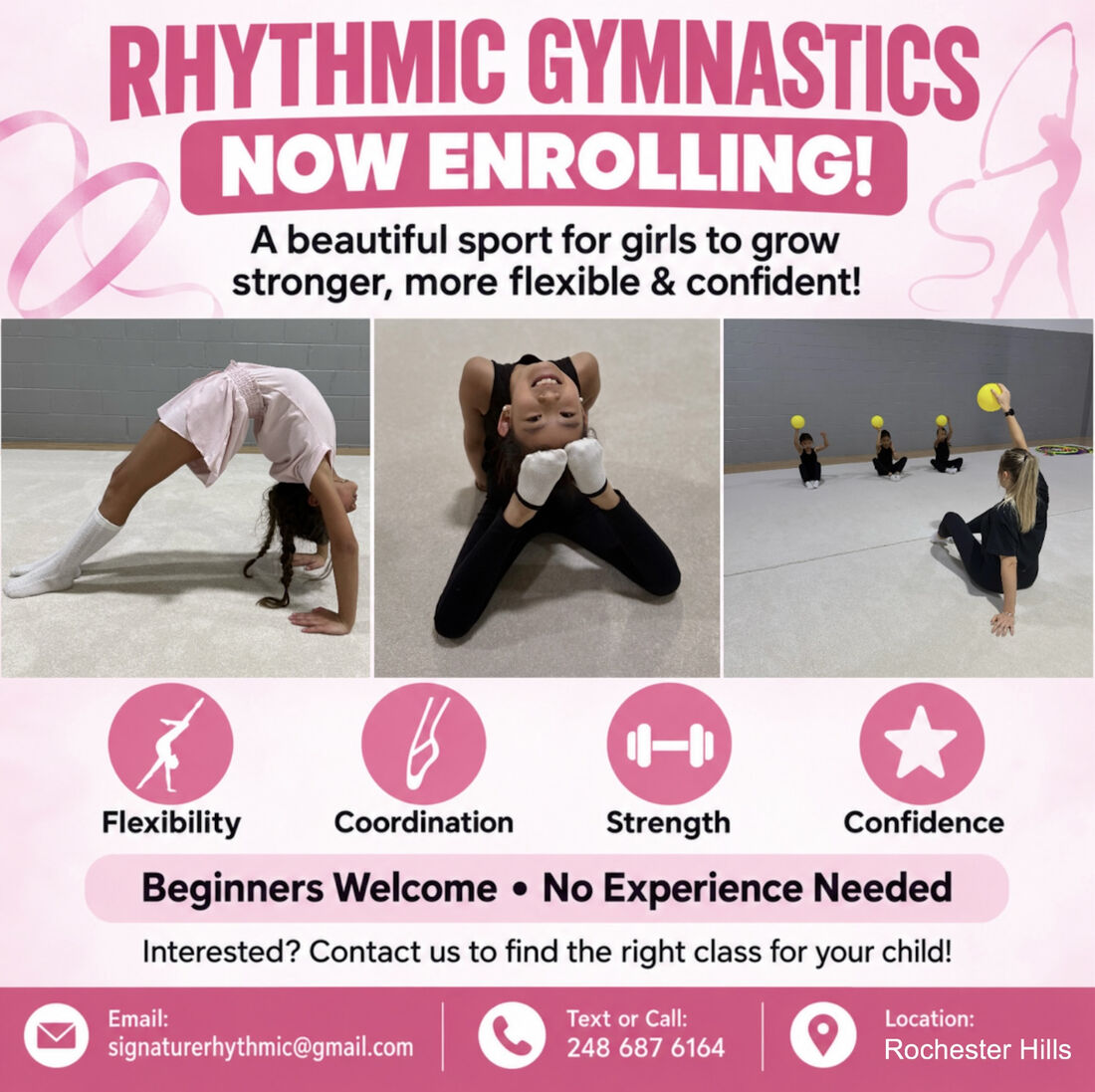 Rhythmic Gymnastics now enrolling at Signature Rhythmic Gymnastics, Rochester Hills — beginners welcome, no experience needed