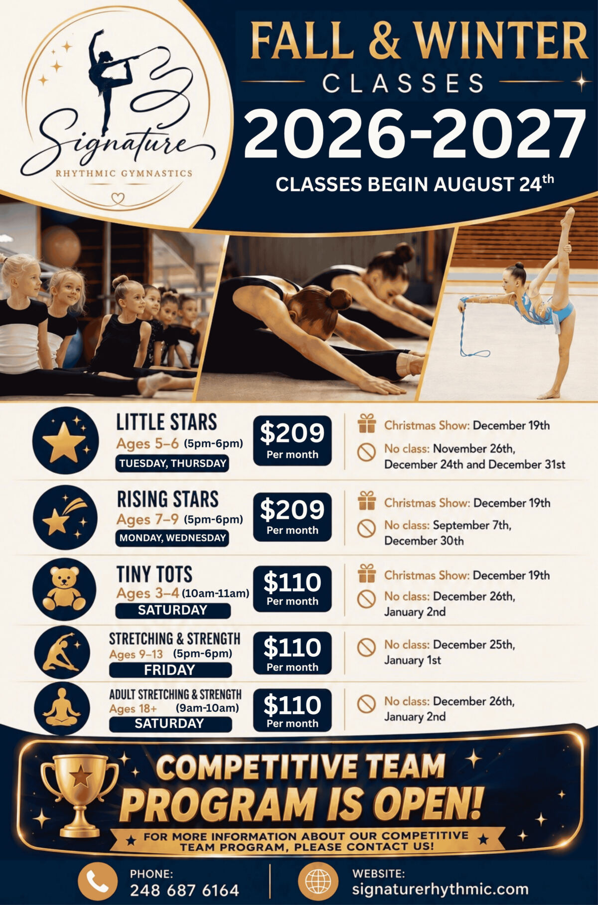 Signature Rhythmic Gymnastics Fall & Winter 2026–2027 classes flyer — classes begin August 24th
